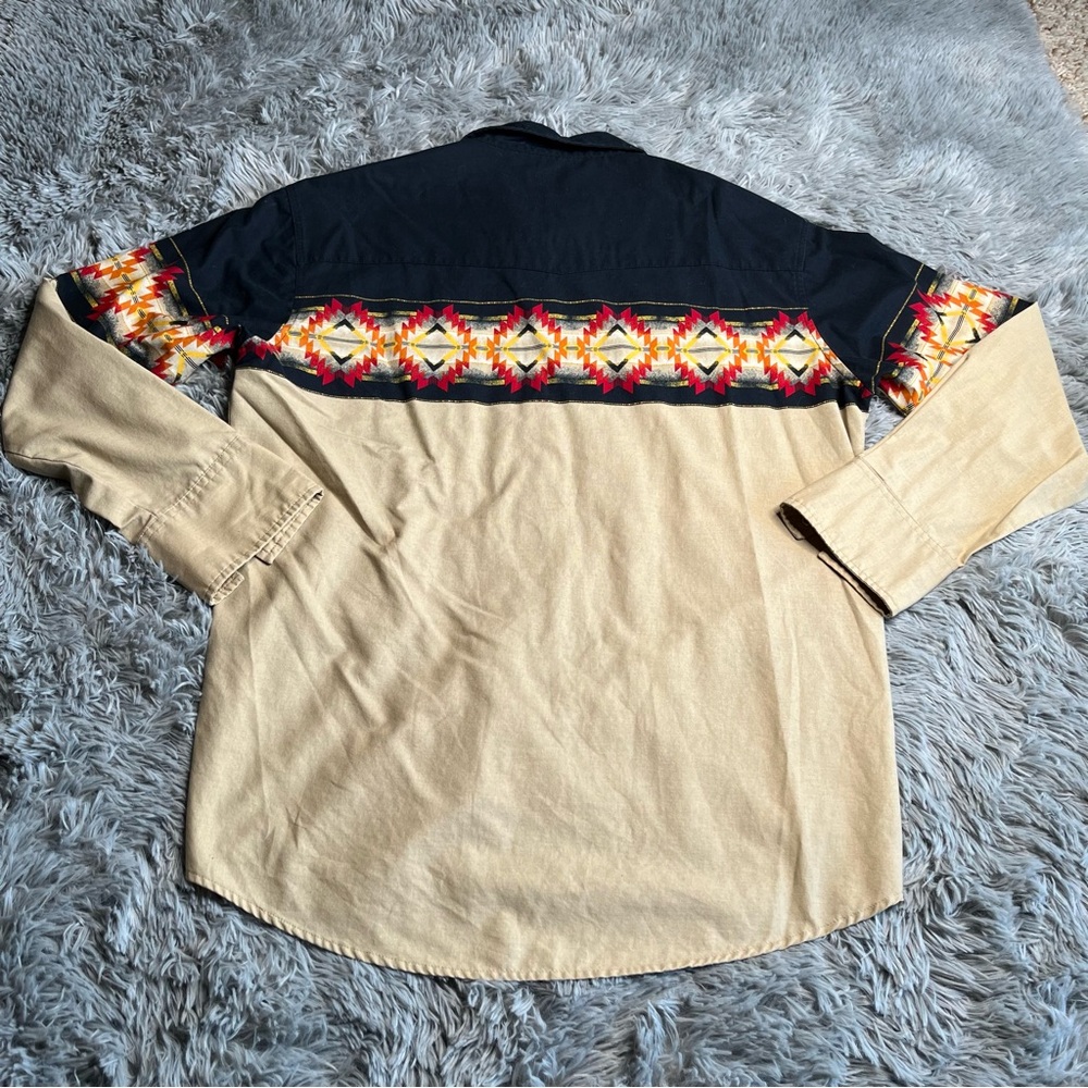 Wrangler Rustler Shirt Mens Large Pearl Snap Southwestern Cowboy Rodeo Blue Tan - Picture 7 of 8